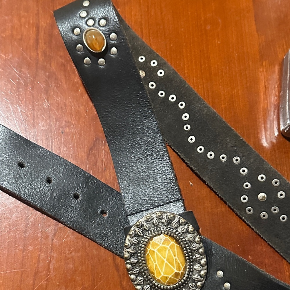 Vintage black and Silver Studded Belt with amber stones